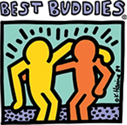 Illustration of two abstract human figures, one yellow and one orange, with arms around each other under Best Buddies in bold letters, drawn in a colorful, cartoon-like style—perfect for promoting Canonsburg Live Music or a Sunset Music Fest.