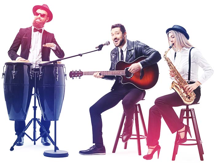Three musicians perform together at Canonsburg Live Music: one plays conga drums, one sings and plays acoustic guitar, and one plays saxophone. All wear hats and stylish outfits, set against a white background.